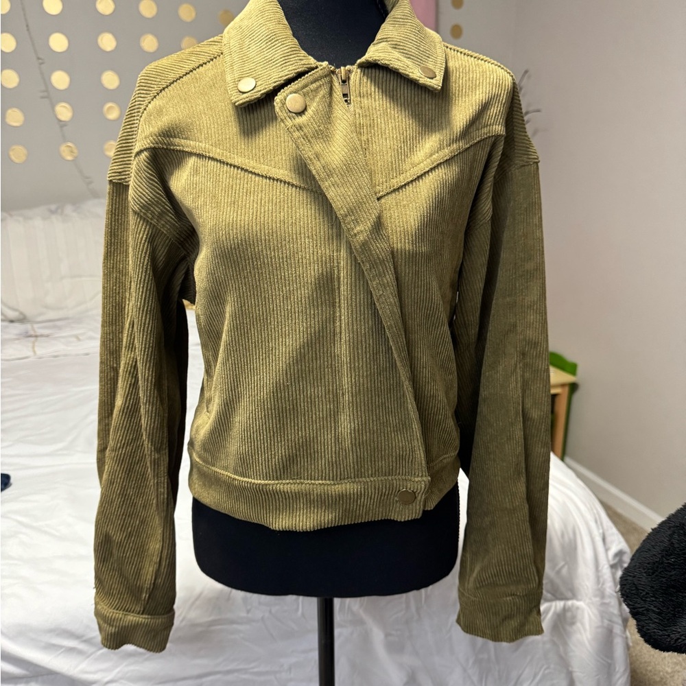 Mine Olive Corduroy Cropped Bomber Jacket M - Picture 3 of 6